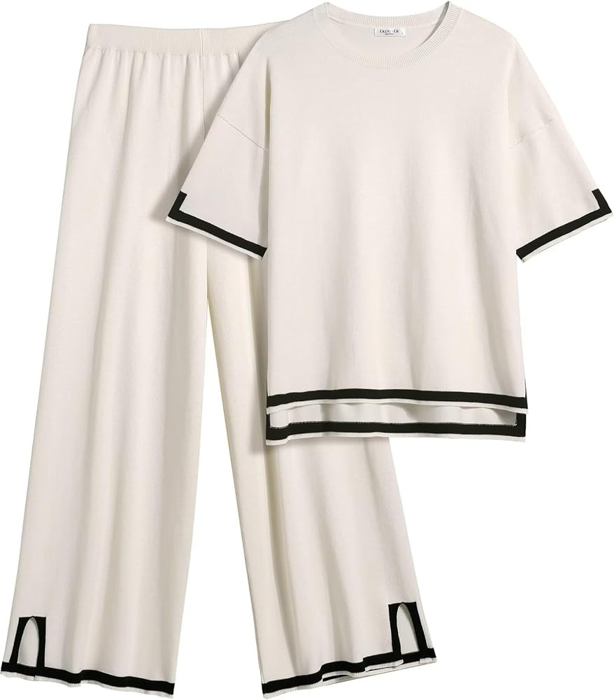 Ekouaer Lounge Set for Women Travel Outfits 2 Piece Sets Short Sleeve Sweater Top Wide Leg Long P... | Amazon (US)