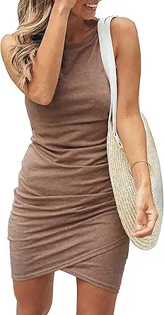BTFBM Women Casual Dress Crew Neck Ruched Summer Sleeveless Tank Bodycon Shirt Short Mini Dresses | Amazon (US)