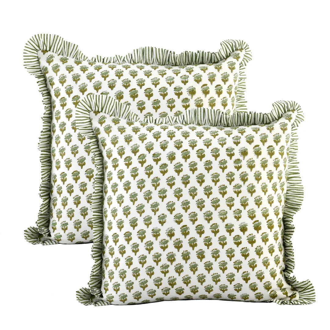 CPC Emerald Green Cotton Block Print Ruffle Throw Bed Pillow Covers for Couch, Decorative Couch P... | Etsy (US)