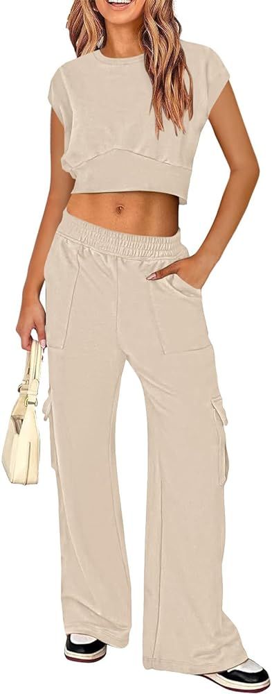 Pink Queen Womens 2 Piece Outfits Sweatsuits Sets Cap Sleeve Crop Tops Wide Leg Cargo Pants with ... | Amazon (US)