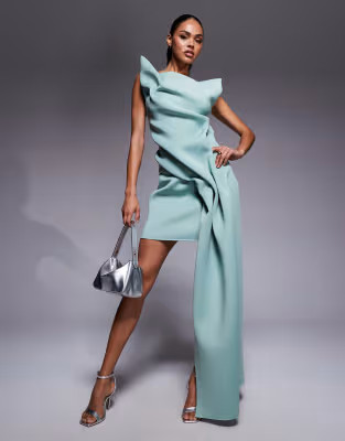 ASOS DESIGN manipulated off shoulder mini dress with structured pleats and sash detail in sage gr... | ASOS (Global)