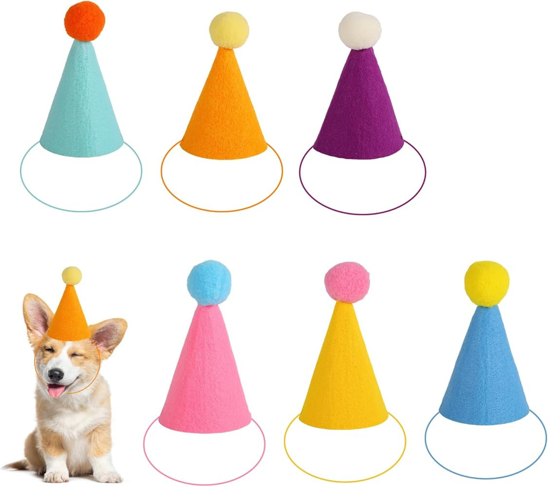 Mini Pet Birthday Hats, 6 Colors Cute Mini Felt Cone Hat with Pompoms for Stuffed Animals Small D... | Amazon (CA)