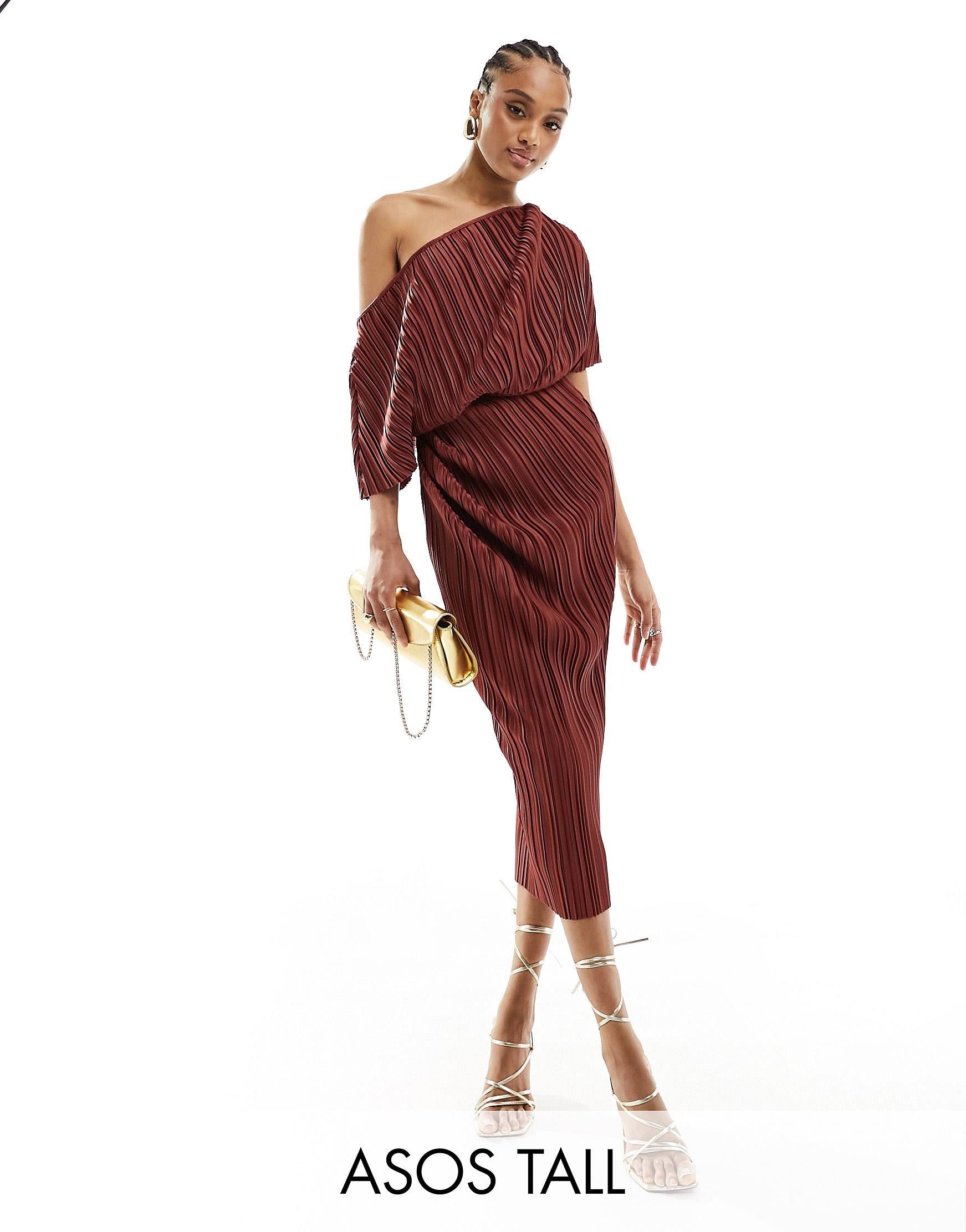 ASOS DESIGN Tall plisse fallen shoulder midi dress in rust | ASOS | ASOS (Global)