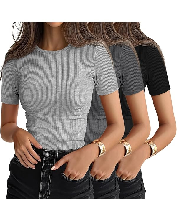 Ficerd 3 Pack Women's Ribbed T-Shirts, Cotton Short Sleeve Basic Tees Crewneck Fitted Tops Casual... | Amazon (US)