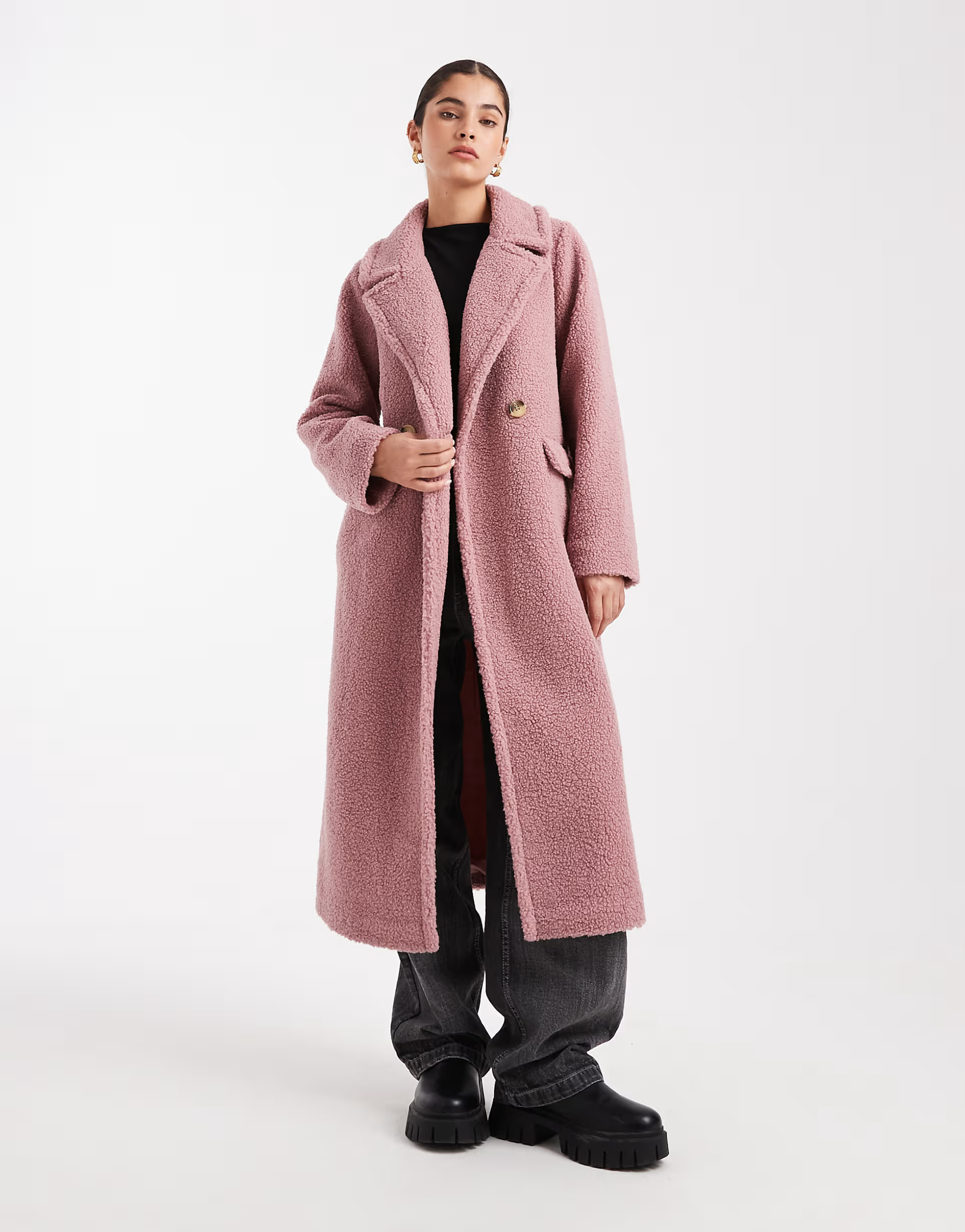Threadbare borg maxi coat in pink | ASOS (Global)