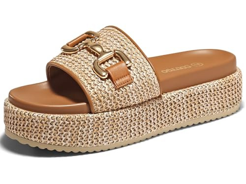 Coutgo Womens Platform Sandals Raffia Espadrilles Metal Chain Slip on Open Toe Cute Beach Slide Sandals | Amazon (US)