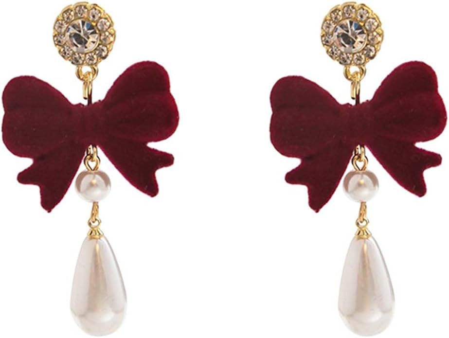 Pearl Bow Earrings for Women Bowknot Earrings Bow Drop Dangle Earrings Christmas Earrings Ribbon ... | Amazon (US)