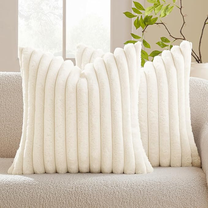 MIULEE Cream White Throw Pillow Covers 20x20 Inch Set of 2 Fuzzy Striped Soft Pillowcase with Vel... | Amazon (US)