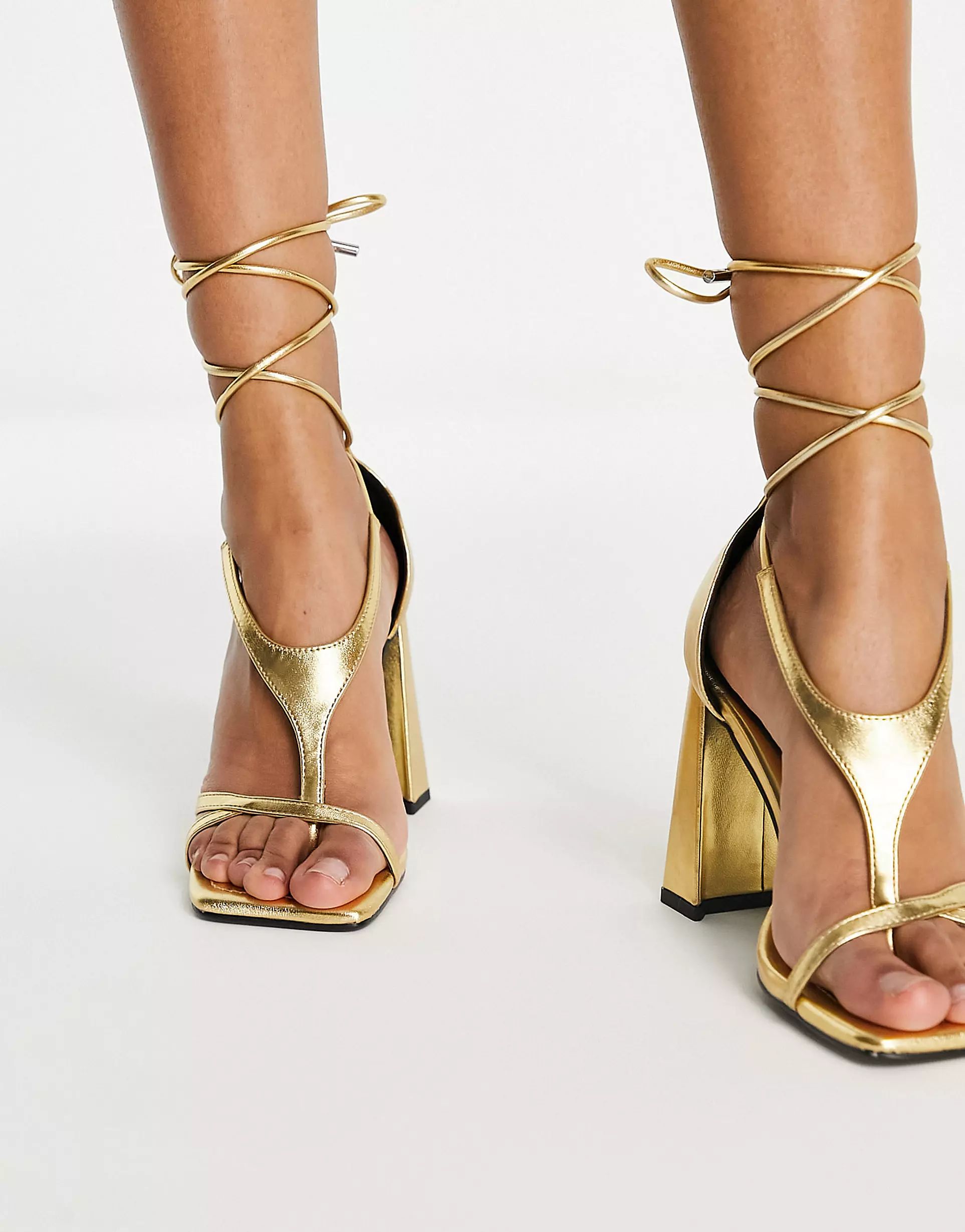 ASOS DESIGN Natalia strappy block heeled sandals in gold | ASOS (Global)