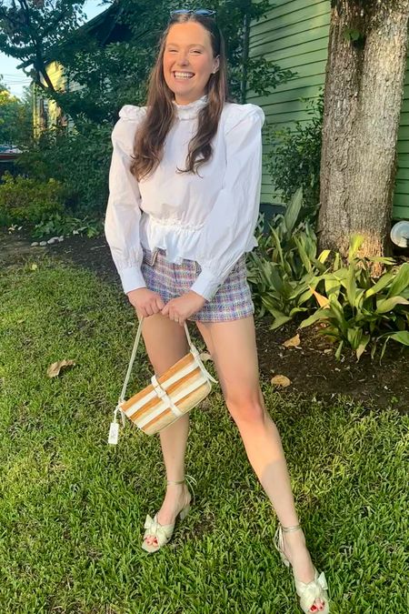 Brunch Outfit: 
Veronica Beard Shorts
Ganni Top (old, linked similar)
Altuzarra Watermill bag
Chloe Sunglasses, Pearl Studs & gold bow block sandals #LTKunder100

#LTKitbag #LTKsalealert