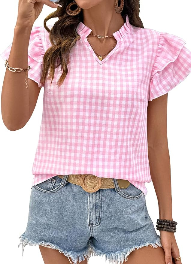 SHEWIN Womens Tops V Neck Ruffle Short Sleeve Gingham Shirts Blouses Cute Summer Tops for Women 2... | Amazon (US)