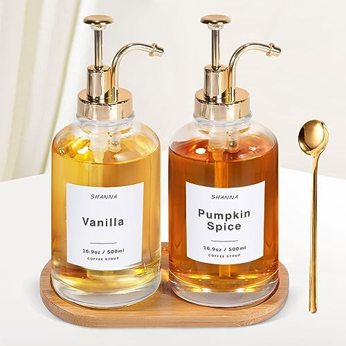 Coffee Syrup Dispenser for Coffee Bar, 16.9oz 500ml Glass Syrup Dispenser w Golden Coffee Scoop, Coffee Syrup Pump Dispenser w 36 Labels and Bamboo Tray, Coffee Syrup Bottles with Golden Pump, 2PCS | Amazon (US)