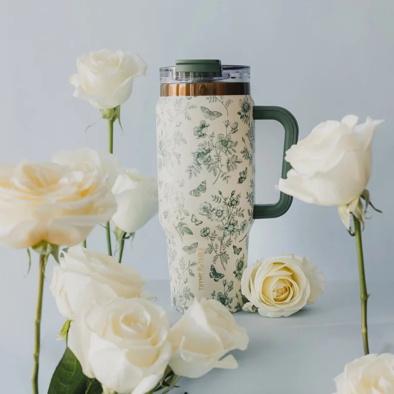 Thyme & Table 32oz Stainless Steel Luna Tumbler with Handle and Dual Straw Lid, Green Floral | Walmart (US)