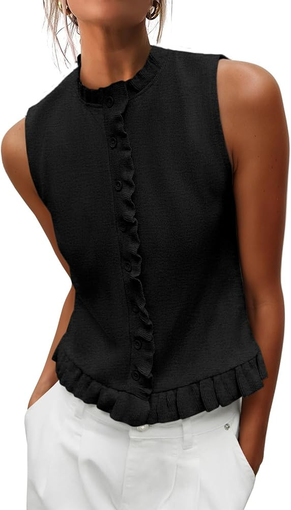 Women's Sleeveless Pleated Cardigan Summer Round Neck Sweater Casual Cute Soft Knitted Top | Amazon (US)
