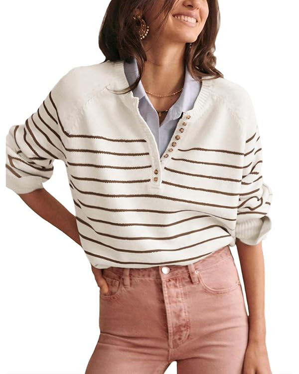 Hongsui Women's Color Block Striped Sweaters Button Up Crewneck Pullover Ribbed Knit Sweater Tops | Amazon (US)