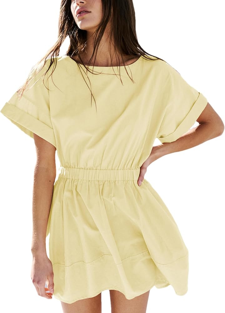 HangNiFang 2025 Womens Mini Summer Dresses Flowy Open Back Elastic Waist Sundress with Pockets | Amazon (US)