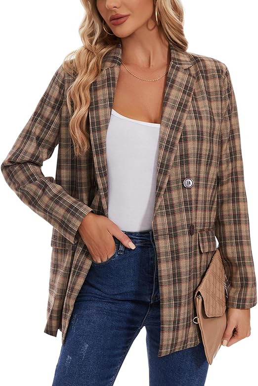 MINTLIMIT Women's Plaid Blazer Casual Long Sleeve Oversized Boyfriend Blazers Double Breasted Lap... | Amazon (US)