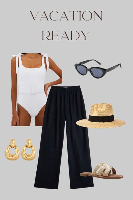 Vacation outfit! 

White swimsuit, black linen pants, sun hat,  classy style 

#LTKswim #LTKfindsunder100 #LTKstyletip