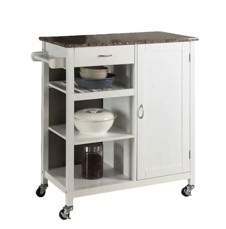 White Auden Kitchen Cart with Faux Marble Top | Wayfair North America