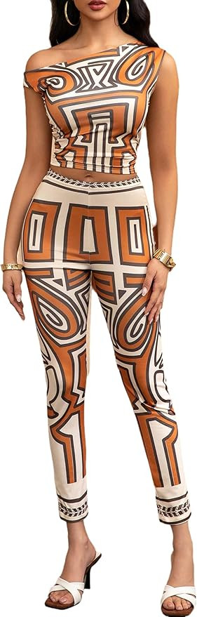 2 Piece Outfits for Women Print Off the Shoulder Crop Tops High Waist Long Pants Sets Tracksuit | Amazon (US)