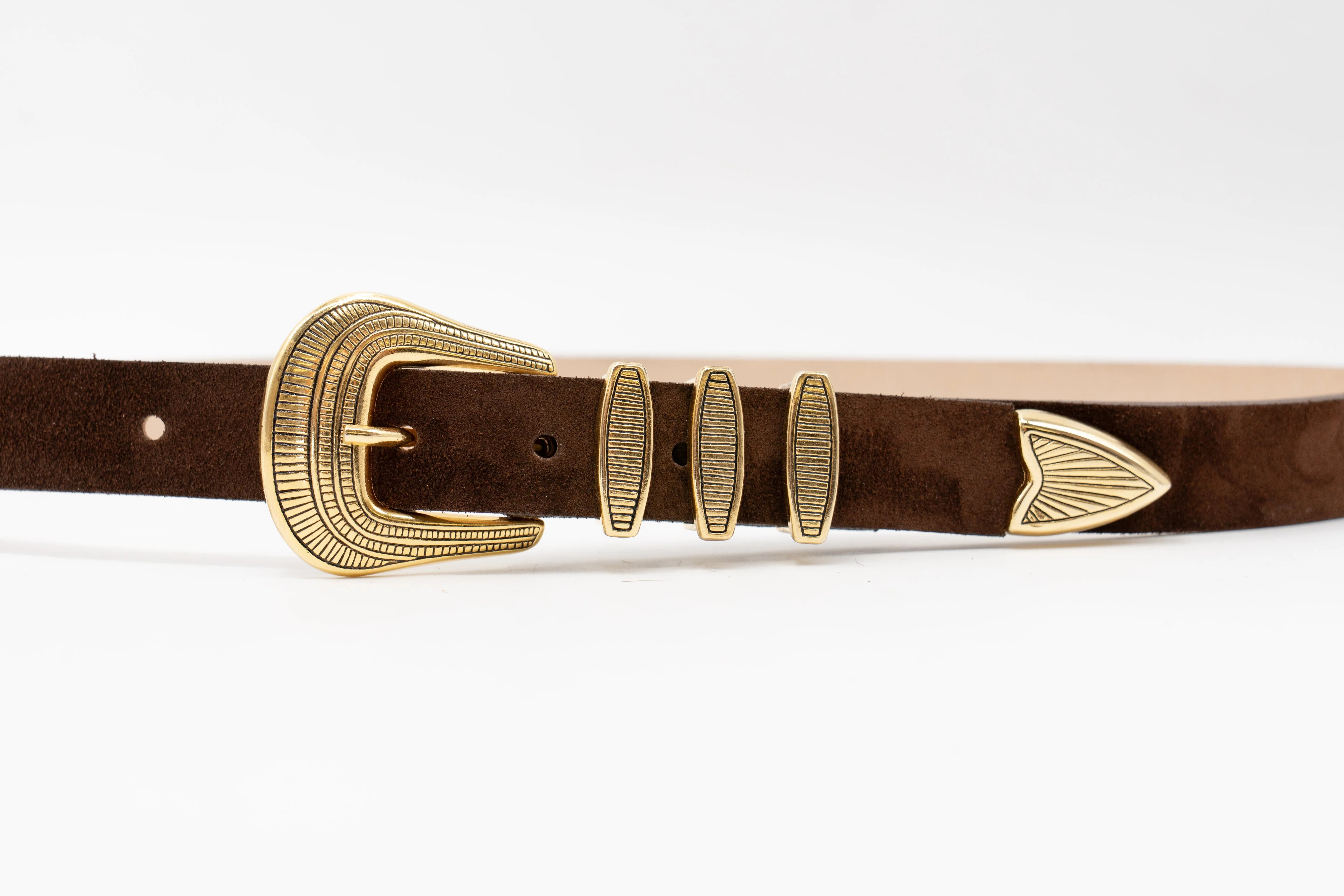 Delphina Belt - Brown Italian Suede with Art Deco Gold Buckle | Streets Ahead | Streets Ahead Inc
