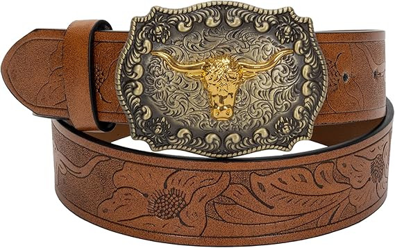 Rodeo Cowboy Belt for Men Women,Metal Buckle Western Jean Belt with Floral Embossed PU-Leather 1.... | Amazon (US)