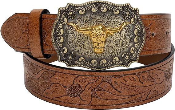 Rodeo Cowboy Belt for Men Women,Metal Buckle Western Jean Belt with Floral Embossed PU-Leather 1.... | Amazon (US)