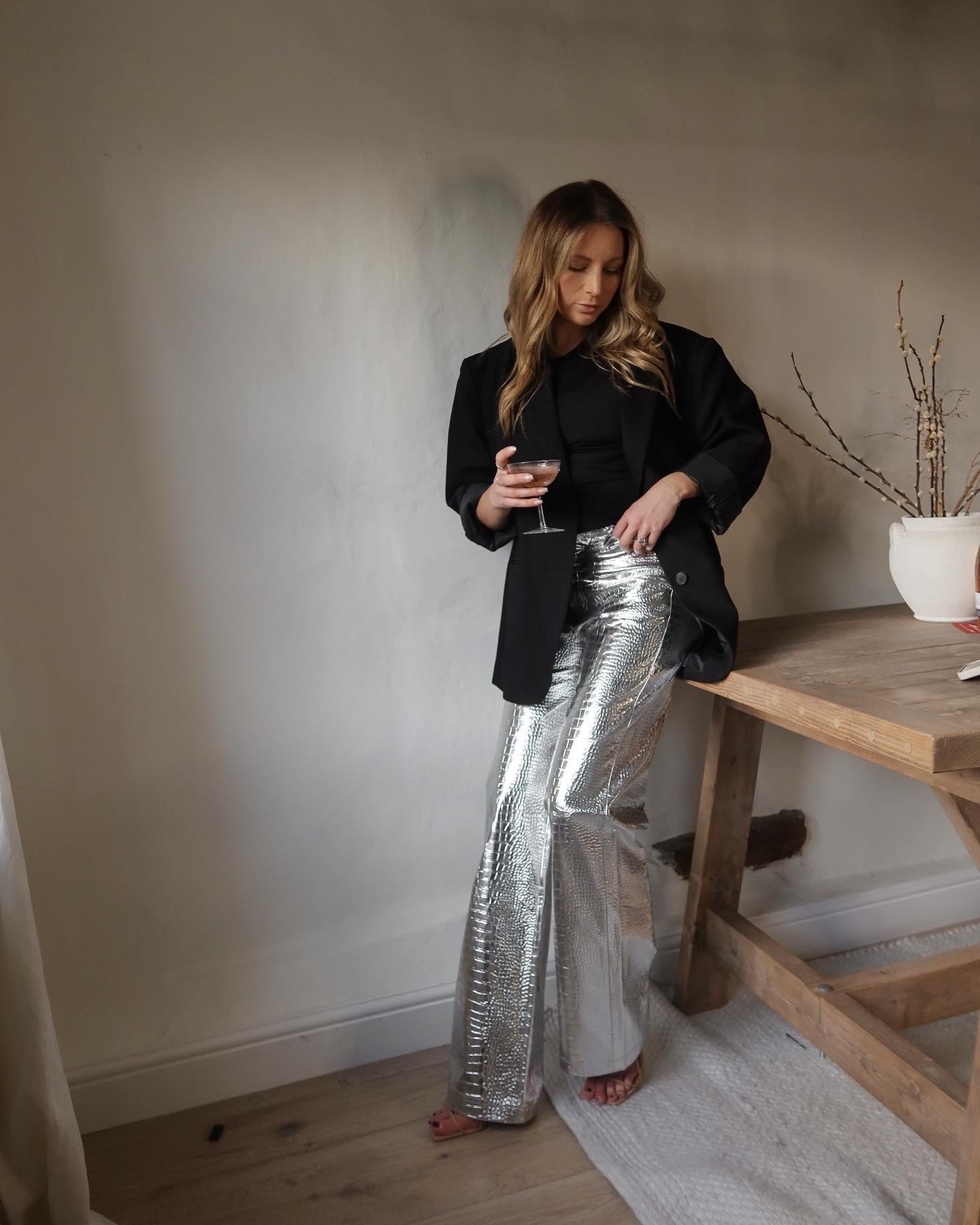 Party outfit, silver trousers, party trousers, black blazer, cashmere jumper, party pants, silver jeans, metallic trousers, Christmas party outfit, black jumper 

#LTKwinter #LTKfestive #LTKpartywear