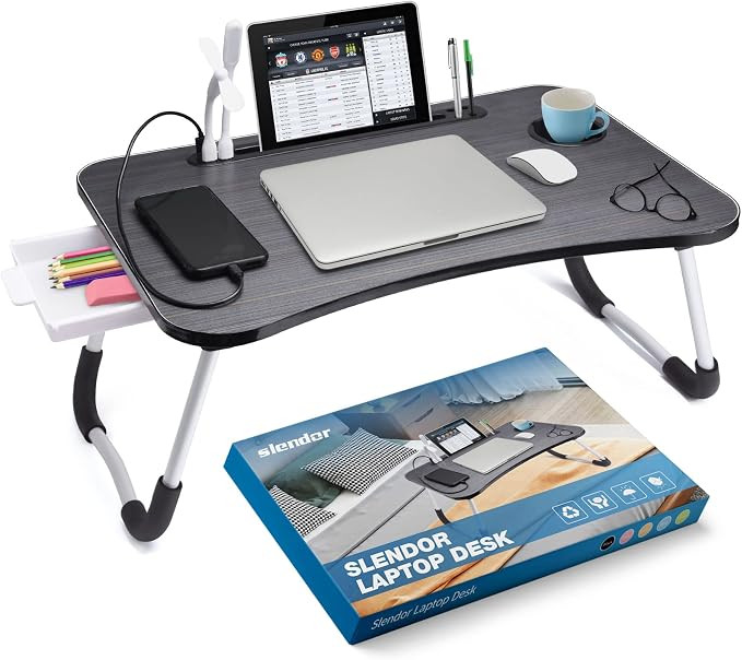 Slendor Bed Desk for Laptop and Writing with Storage, Cup Holder, Light | Fan, Pen Holder,Tablet ... | Amazon (US)