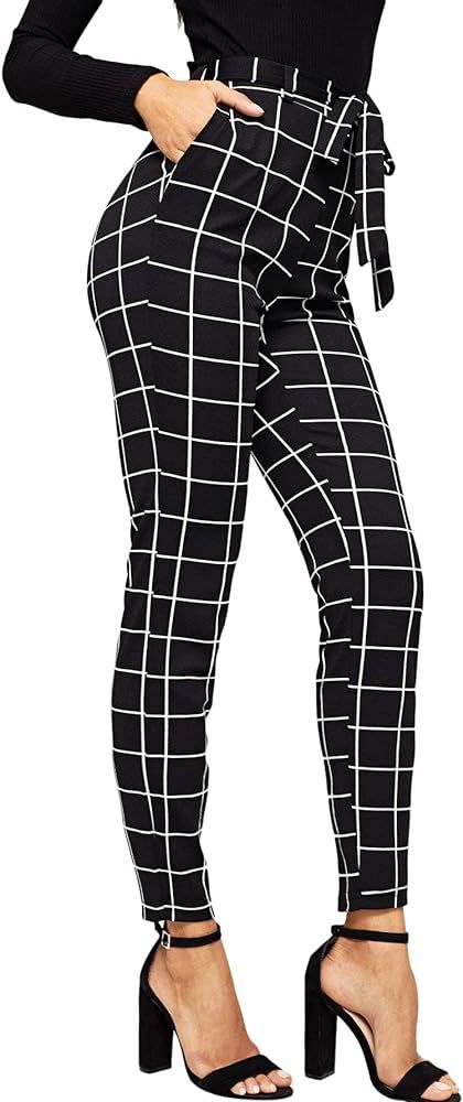 WDIRARA Women's Stretchy Plaid Print Pants Soft Skinny Regular Fashion Leggings Black-2 M at Amaz... | Amazon (US)