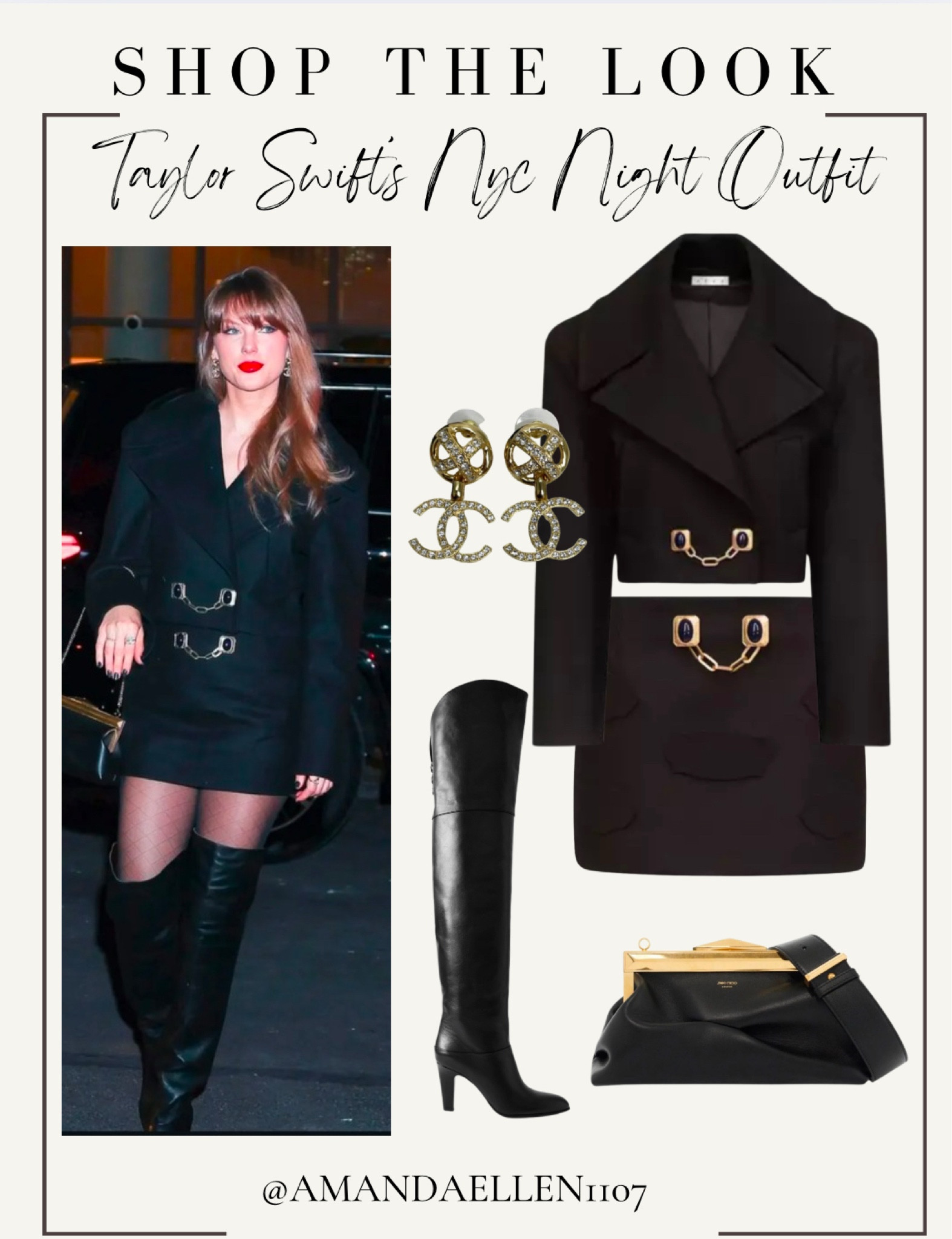 Taylor Swift turned heads during a chic family dinner outing in New York City, showcasing her effortlessly elegant style. She stepped out in an AREA Black Gemstone Button Cropped Peacoat paired with a matching skirt, exuding timeless sophistication with a modern twist. She completed the look with sleek Chloe over-the-knee boots, a statement-making Jimmy Choo purse, and classic Chanel earrings, proving once again why she’s a style icon on and off the stage.

#LTKStyleTip #LTKItBag #LTKShoeCrush