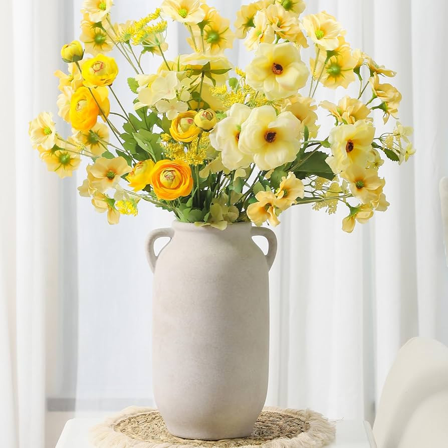 Large Flower Vase Home Decor - 12 inch Tall Ceramic Farmhouse White Rustic Table Vases with Handl... | Amazon (US)