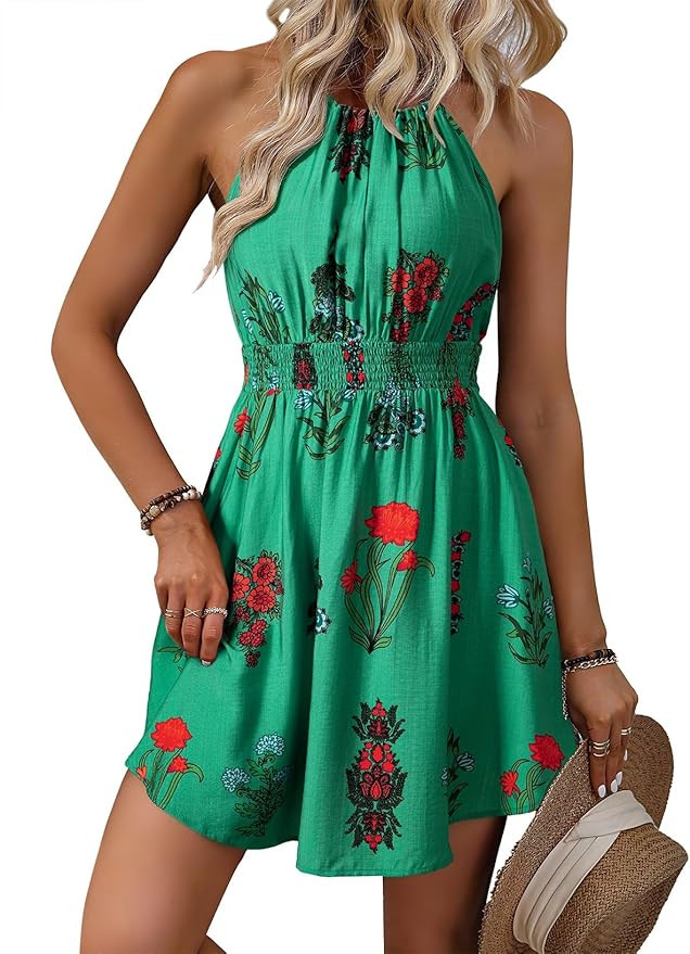 BLENCOT Womens Summer Beach Halter Neck Dresses Casual Smocked A Line Floral Mini Dress with Pock... | Amazon (US)