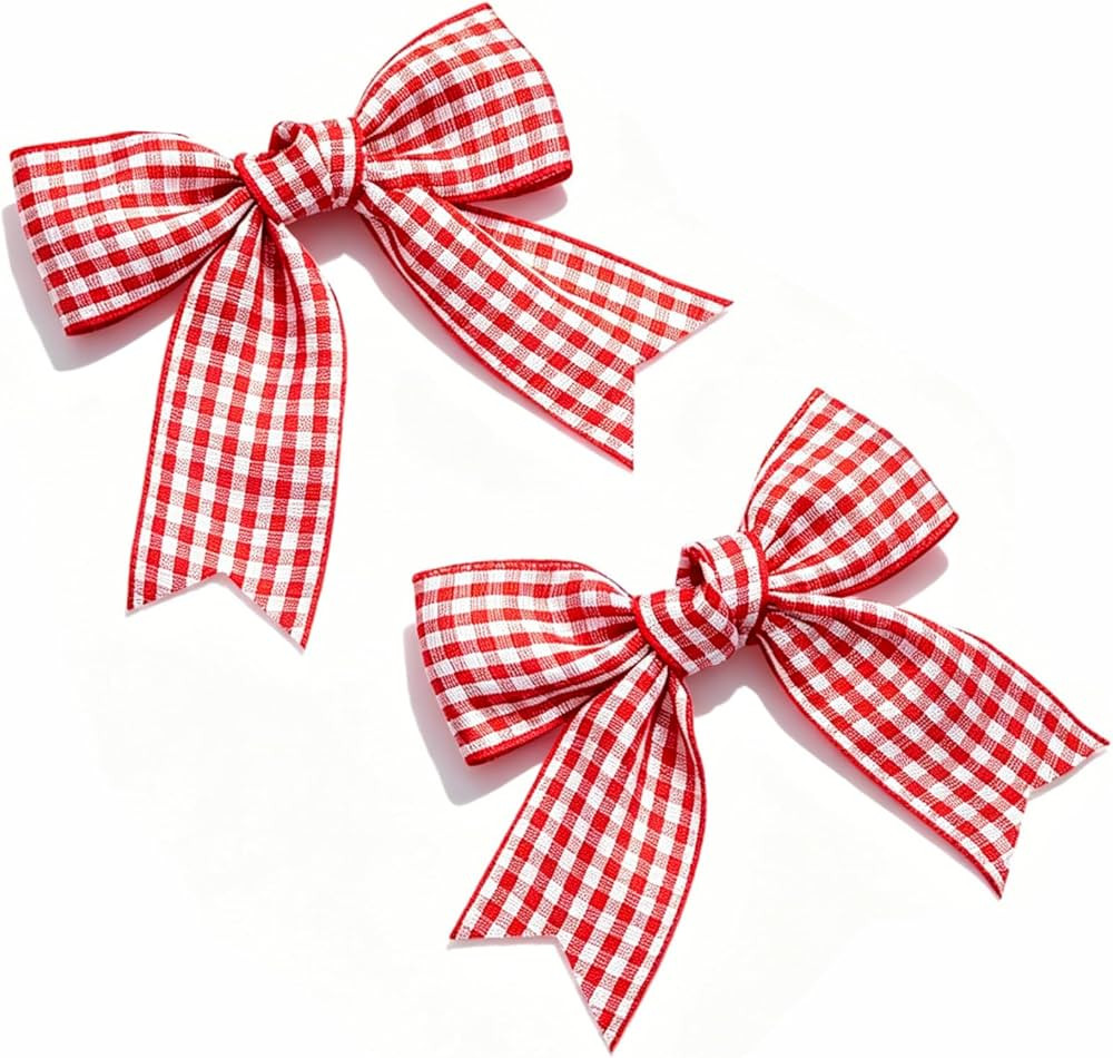 2PCS Gingham Hair Bows for Girls, 3 Inch Red and White Plaid Checkered Bow Clips, Non-Slip Handma... | Amazon (US)