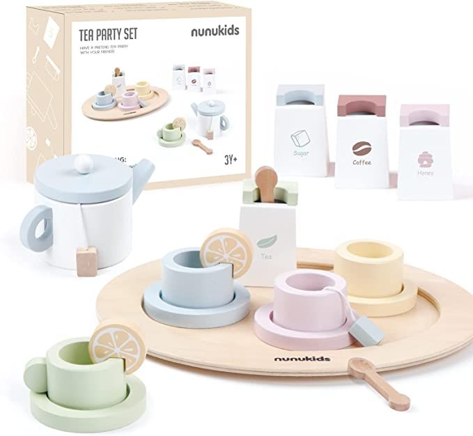 nunukids Wooden Tea Set for Little Girls Tea Party Set for Toddlers 20pcs Playset Pretend Play Te... | Amazon (US)