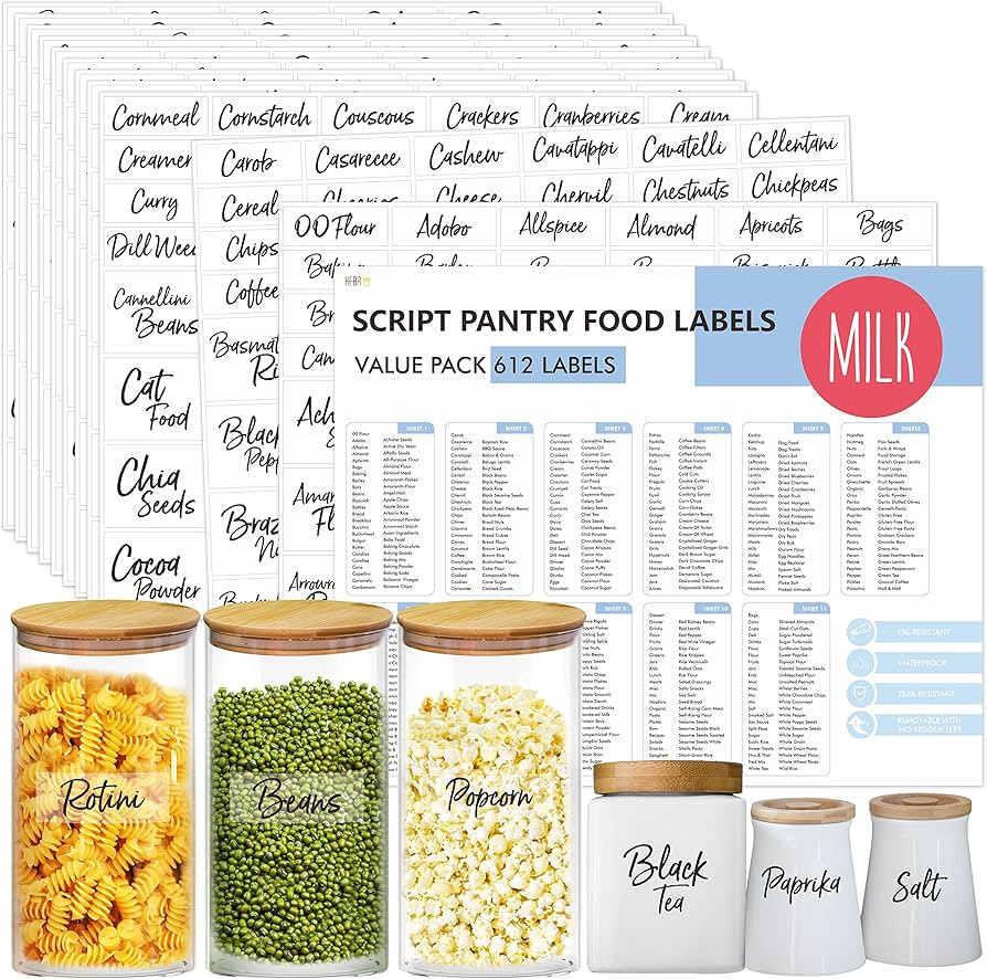 Hebayy 612 Script Pantry Food Labels, Water & Oil Resistant Pantry Label Stickers Food Jar Label ... | Amazon (US)