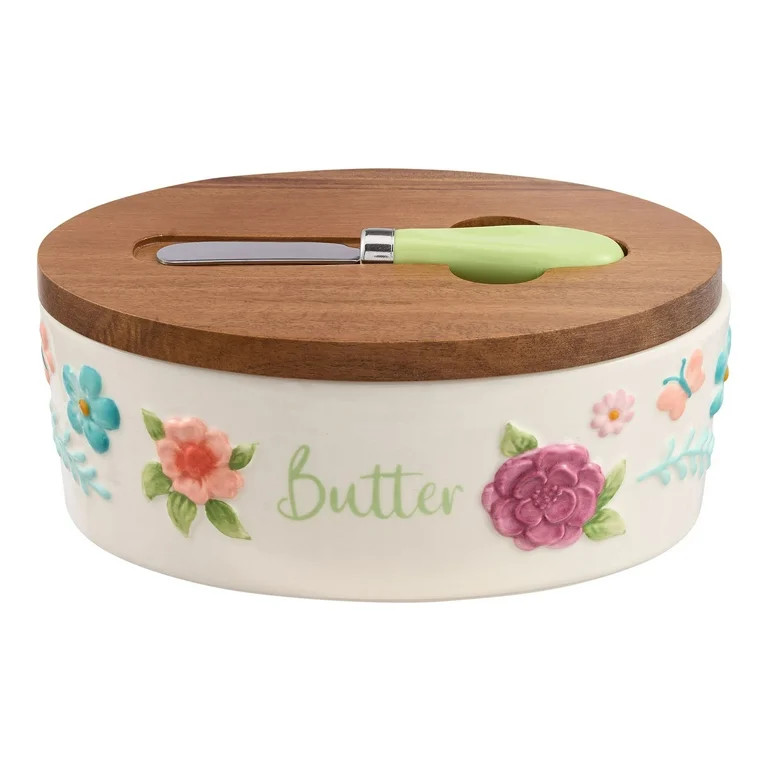 The Pioneer Woman Painted Meadow Butter Dish with Acacia Wood Lid and Serving Knife | Walmart (US)