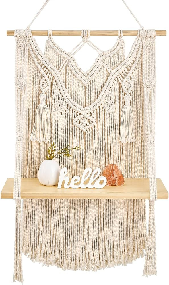 Mkono Macrame Wall Hanging Shelf Boho Decor Wood Floating Shelf for Bedroom Living Room Nursery B... | Amazon (US)