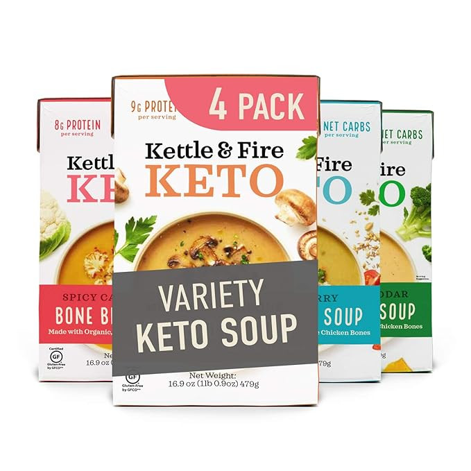 Keto Soup Variety Pack by Kettle and Fire, Pack of 4, Spicy Cauliflower, Butter Curry, Broccoli C... | Amazon (US)