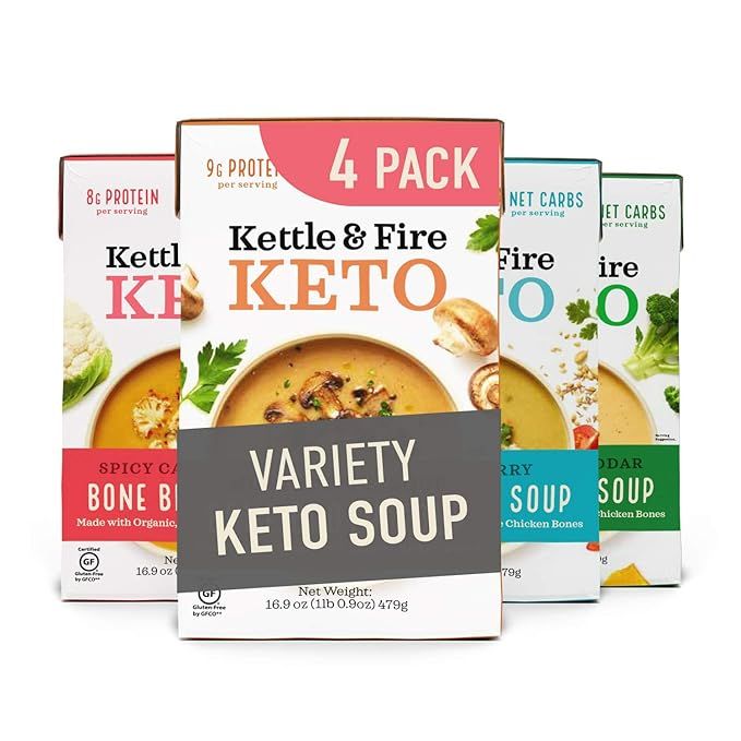 Keto Soup Variety Pack by Kettle and Fire, Pack of 4, Spicy Cauliflower, Butter Curry, Broccoli C... | Amazon (US)