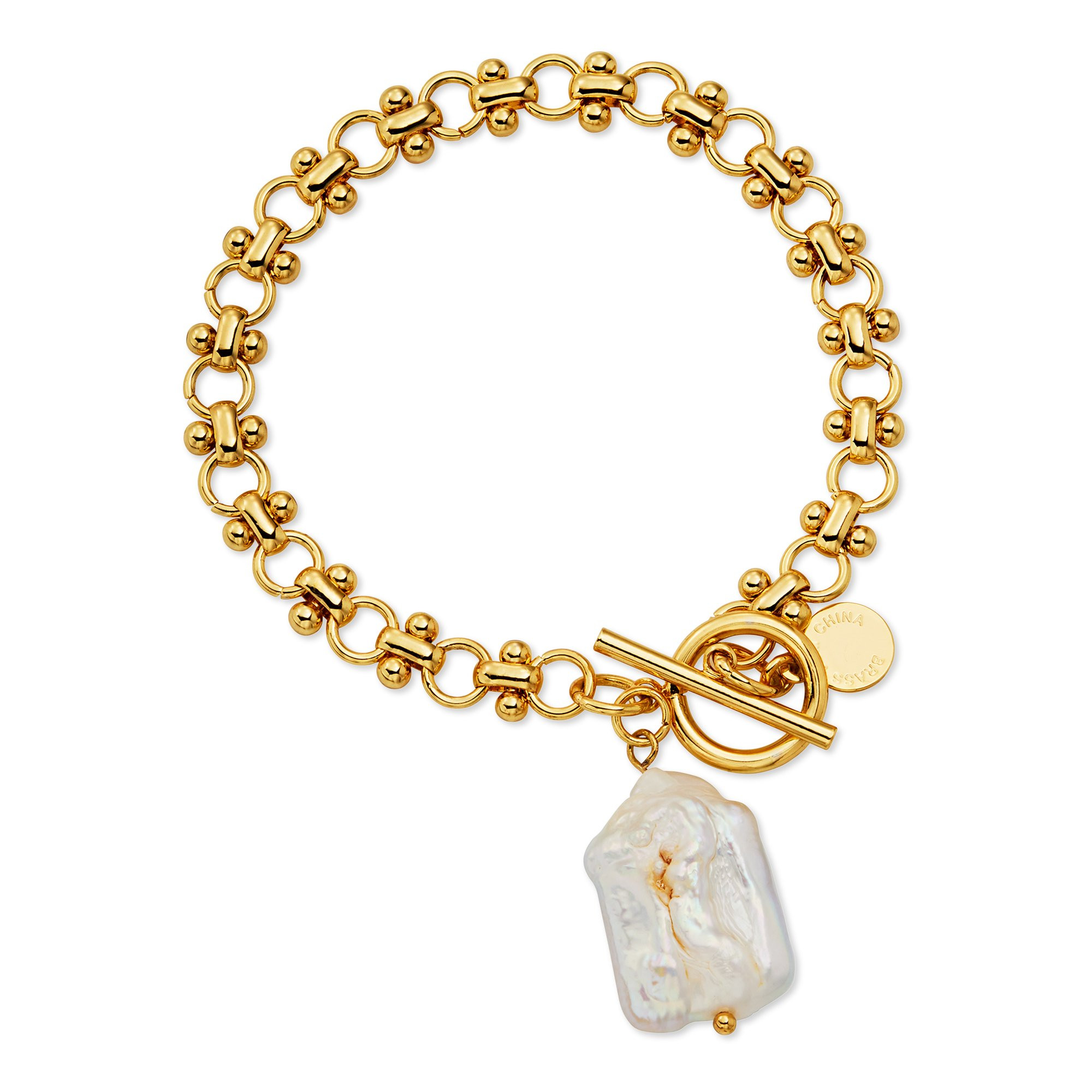 Scoop Womens Brass Yellow Gold-Plated Imitation Pearl Link Toggle Bracelet, 7.5'' | Walmart (US)