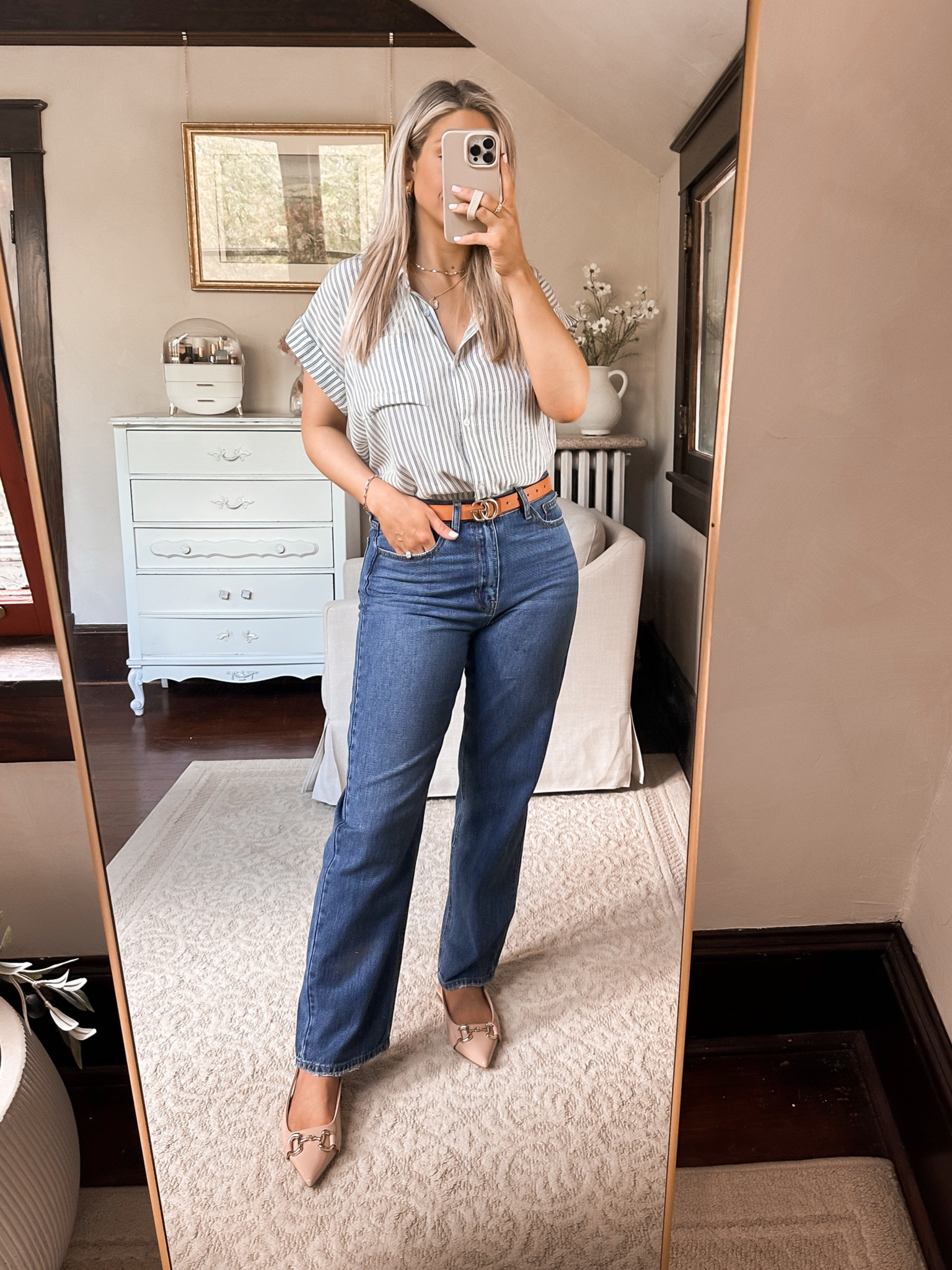 Cap sleeve striped blouse and straight leg denim (no stretch). All pieces are tts
