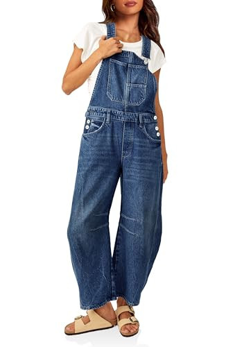 PLNOTME Womens Denim Bib Overalls Barrel Leg Adjustable Strap Jean Pants Jumpsuits with Pockets,Navy | Amazon (US)