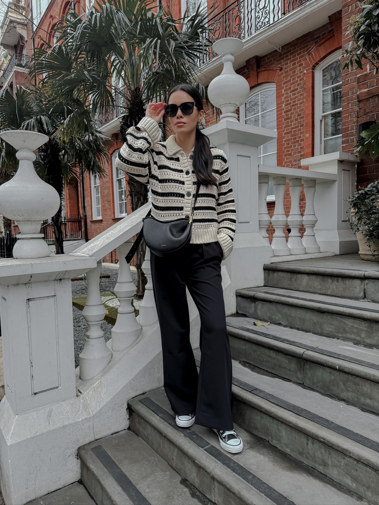 Striped cardigan season🖤🤍 wearing a size Small in the cardigan and size 23, Short in the trousers. My height is 5.4 for reference. 

#LTKstyletip #LTKSpringSale #LTKshoecrush