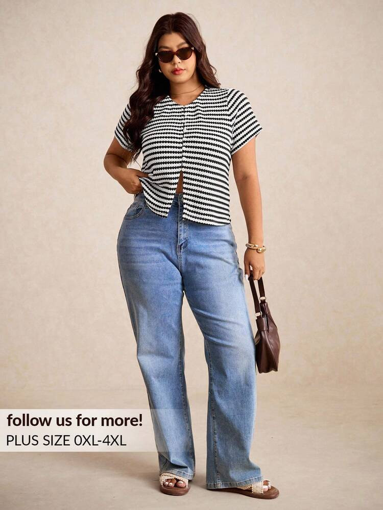 SHEIN Elaquor Plus Size Summer Casual Striped Button Front T-Shirt,Business Casual Woman,Going Ou... | SHEIN