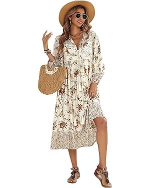 R.Vivimos Women's Long Sleeve Floral Print Retro V Neck Tassel Bohemian Midi Dresses | Amazon (US)