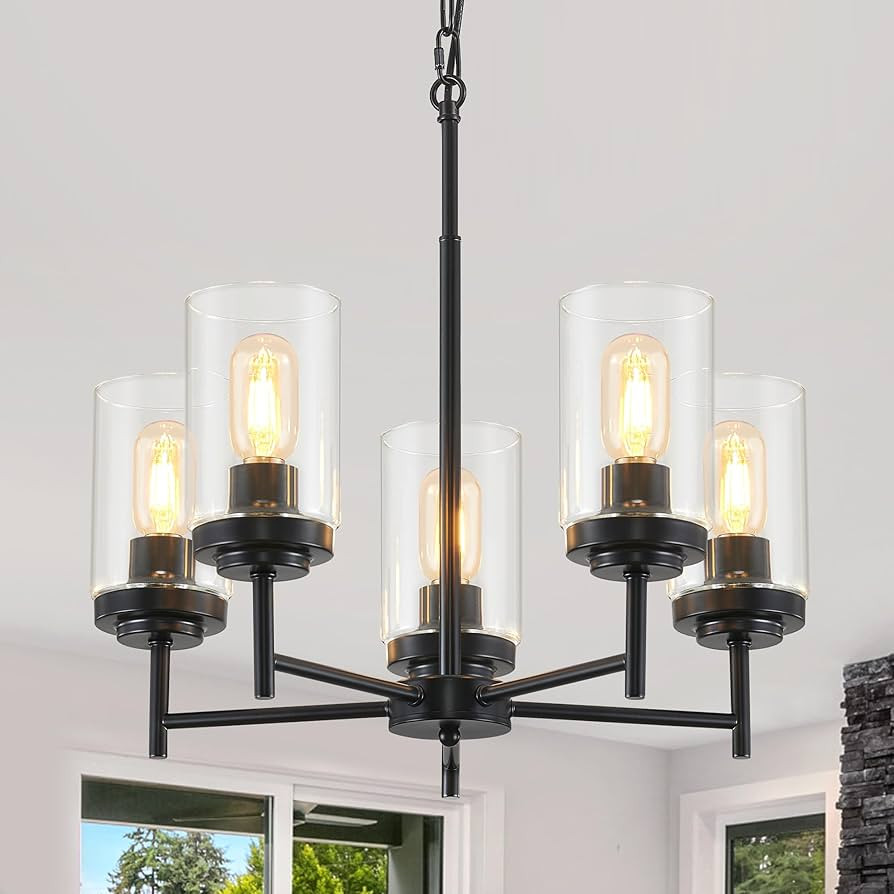 5-Light Farmhouse Glass Chandelier, Modern Black Chandelier for Dining Room Island Lights Industr... | Amazon (US)