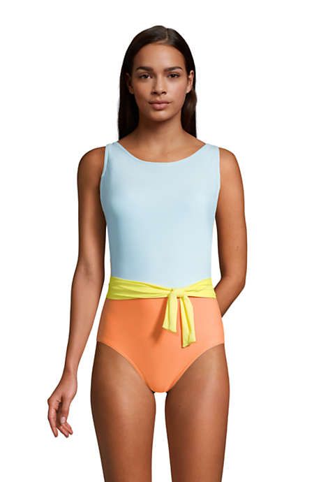 Women's Chlorine Resistant Tummy Control High Neck Belted One Piece Swimsuit | Lands' End (US)