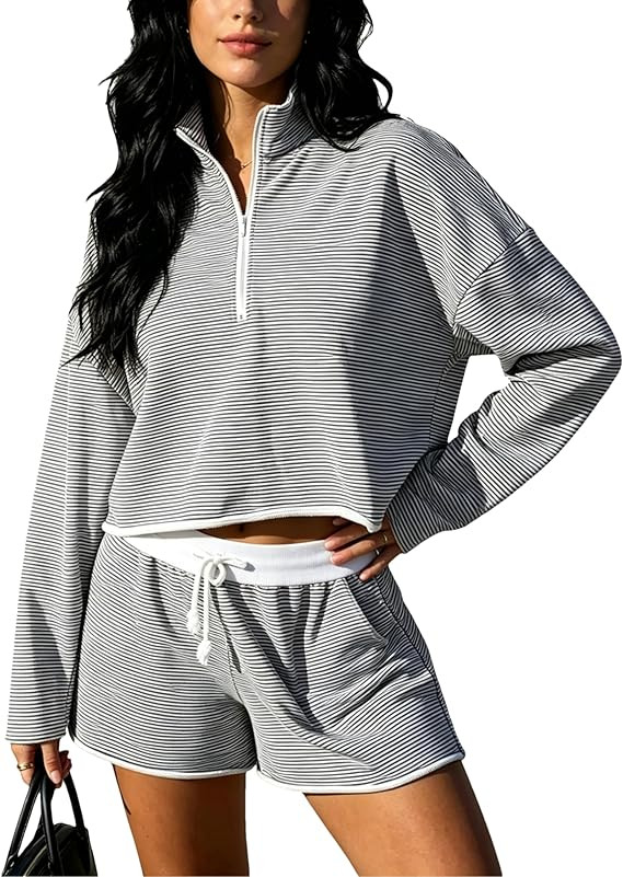 Women's 2 Piece Outfits Casual Quarter Zip Long Sleeve Pullover and Drawstring Shorts Lounge Set | Amazon (US)