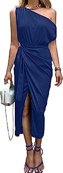 MEROKEETY Women's 2023 Off Shoulder Split Satin Dress Wrap Sleeveless Belted Cocktail Maxi Dresse... | Amazon (US)